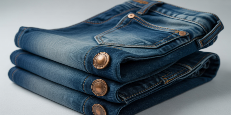 Os pequenos rebites metálicos são detalhes técnicos que revelam a durabilidade e a qualidade real de um jeans bem construído.